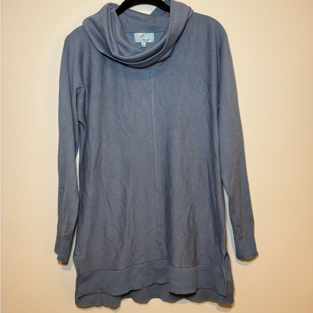 Joan Vass New York Cowl Neck Long Sleeve Tunic Sweater Blue Size L